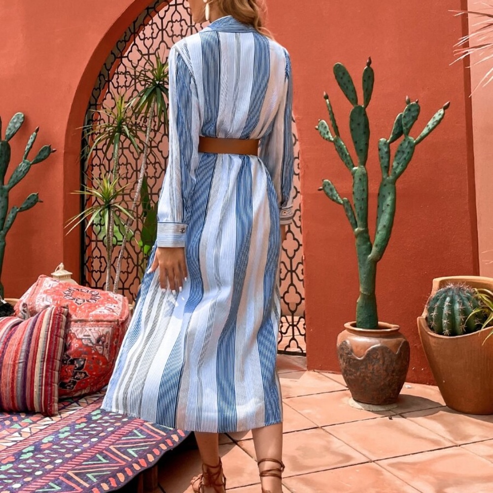 Boho Blue Striped Button up Belted Shirt Dress - Picture 5 of 5